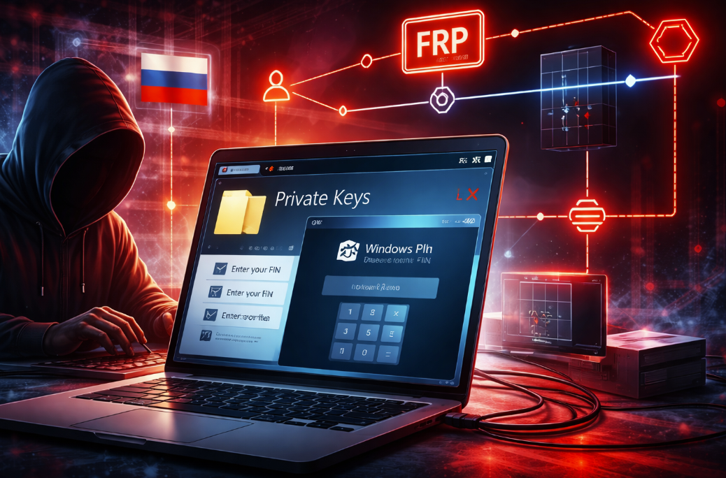 Cybersecurity illustration of Russian CTRL malware attack using malicious LNK file, Windows Hello phishing interface, keylogging and RDP hijacking via FRP reverse proxy tunnel