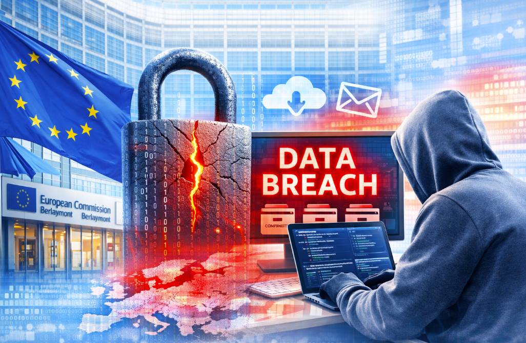Bright digital illustration of a cyberattack on the European Commission showing EU flags, a cracked padlock, a hacker with a laptop, and a “DATA BREACH” alert over a cloud infrastructure background.