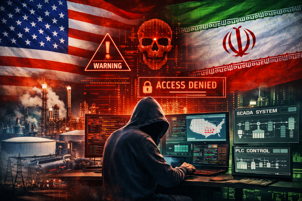 Illustration of Iranian cyberattacks targeting U.S. critical infrastructure with hacker screens, PLC, SCADA, energy facilities, and U.S. and Iran flags