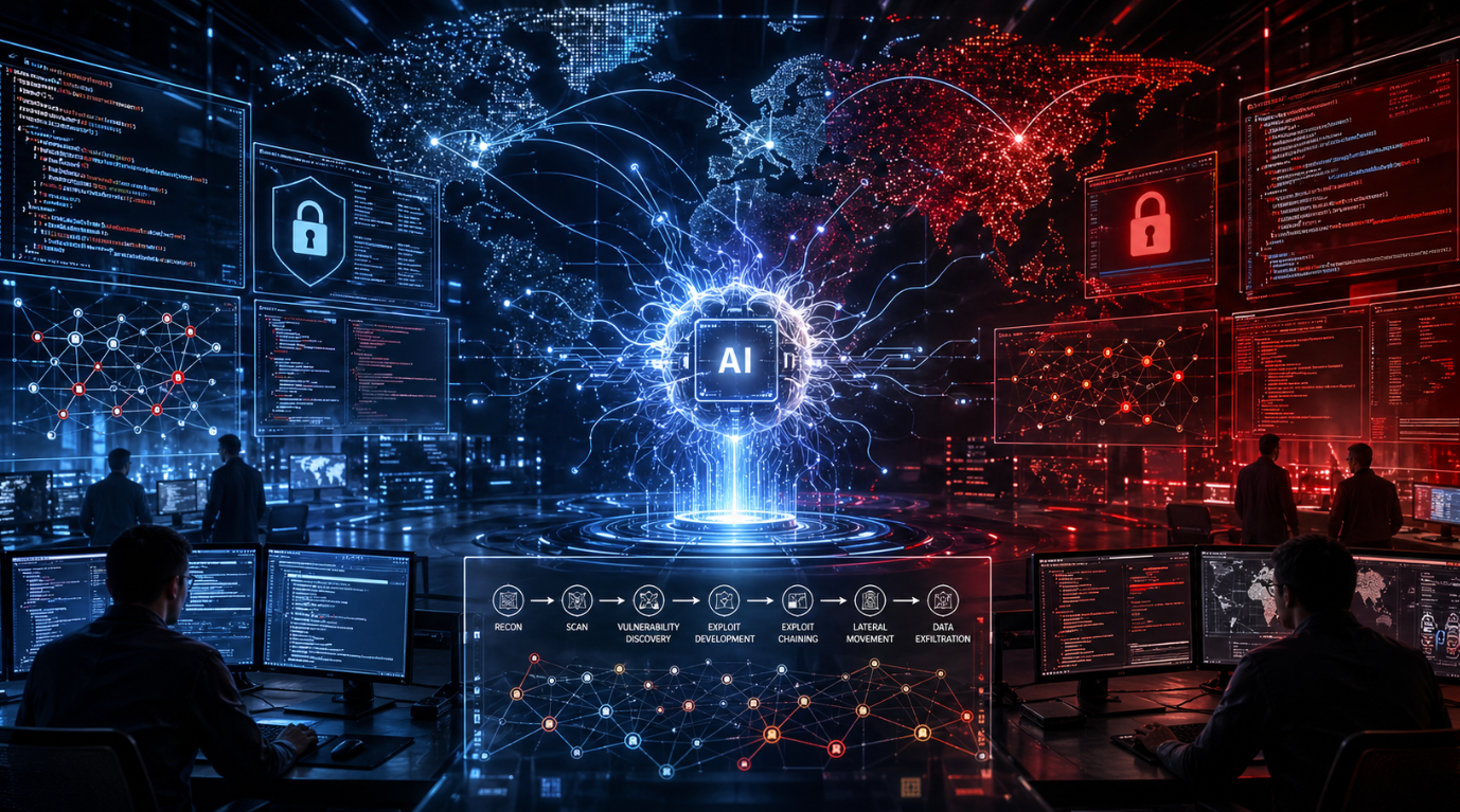 Futuristic cybersecurity command center showing an AI system analyzing software vulnerabilities, exploit chains, code, network graphs, and global cyber threats.