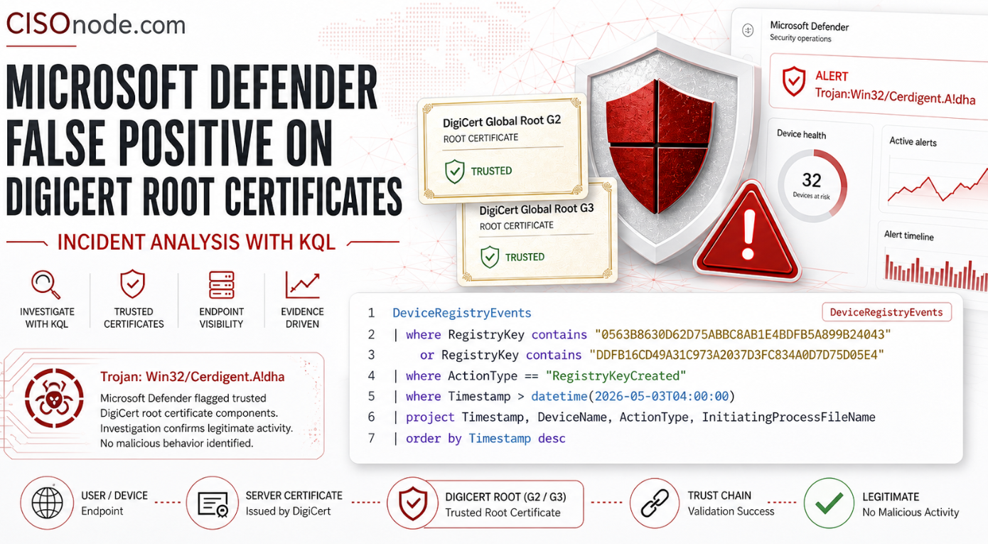 Professional cybersecurity infographic showing Microsoft Defender false-positive detection on trusted DigiCert root certificates, with a KQL query panel, certificate trust-chain flow, alert dashboard, and CISOnode.com branding in a white and dark-red design.