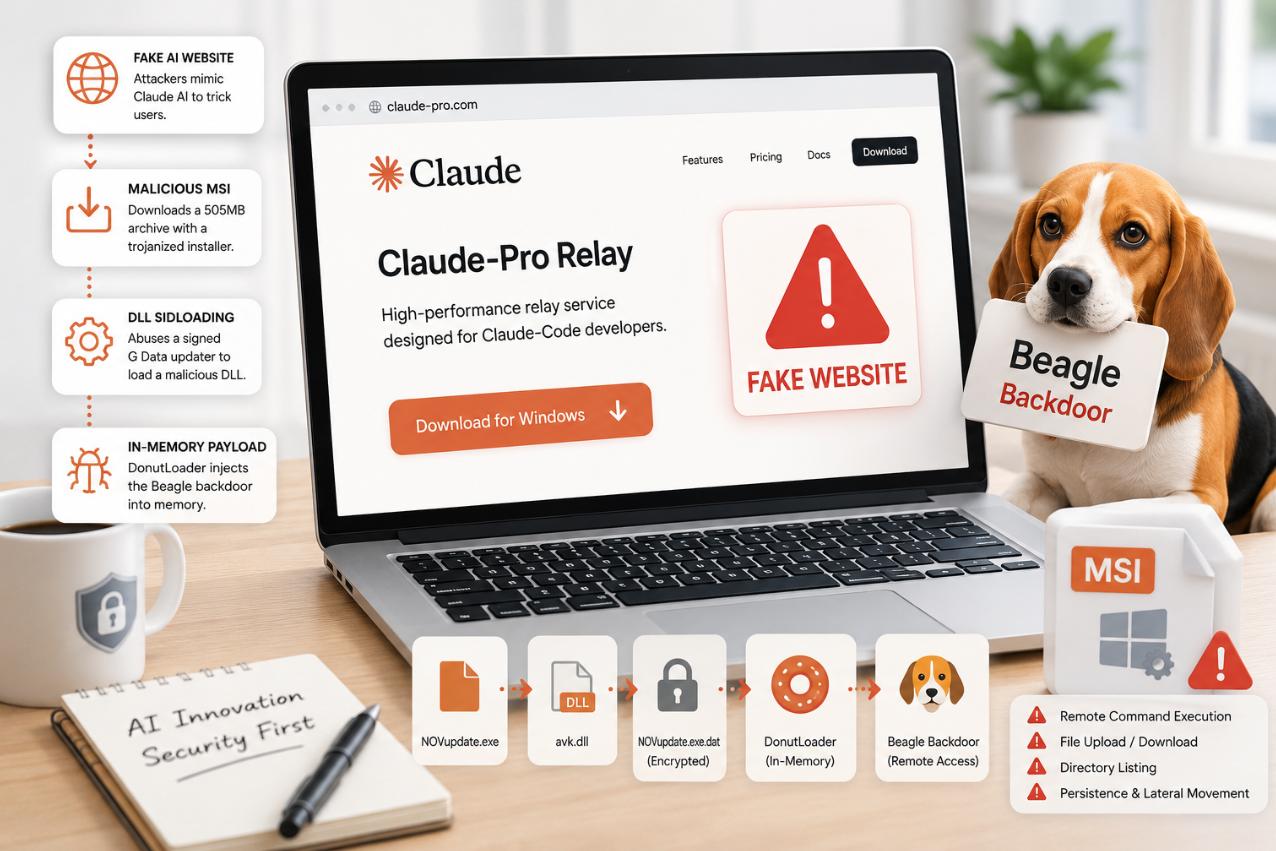 Fake Claude AI website delivering Beagle backdoor malware through malicious Windows installer and DLL sideloading attack