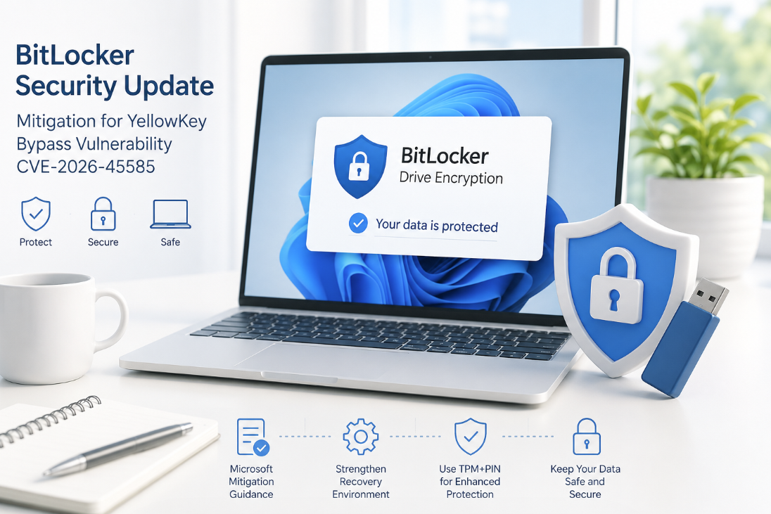 Microsoft BitLocker YellowKey vulnerability CVE-2026-45585 mitigation illustration showing Windows 11 laptop, encryption shield, USB attack vector, and TPM+PIN security protection
