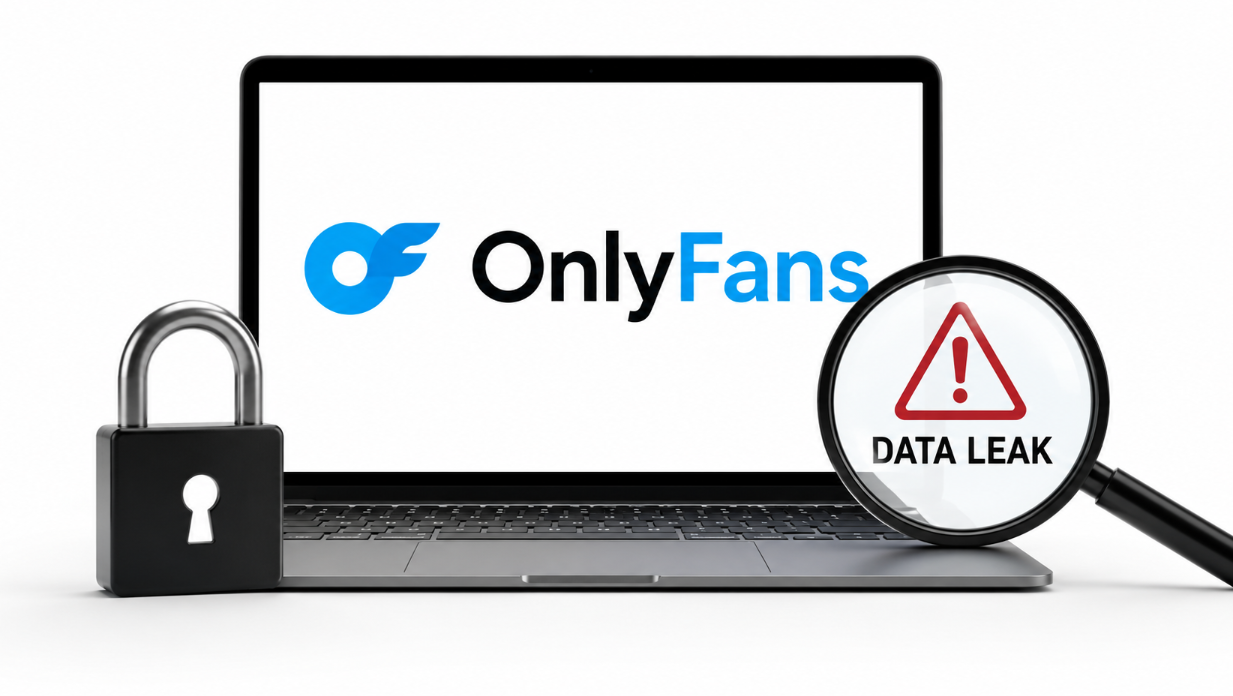 Laptop displaying the OnlyFans logo beside a security lock and a data leak warning symbol on a white background representing cybersecurity and privacy risks linked to alleged online data leaks.