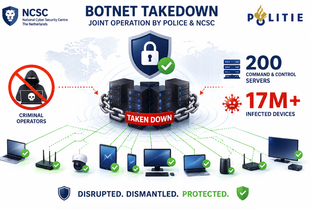 Infographic showing the Dutch NCSC and Police botnet takedown operation that disrupted 200 command-and-control servers controlling over 17 million infected devices, including computers, smartphones, routers, IoT devices, and security cameras.