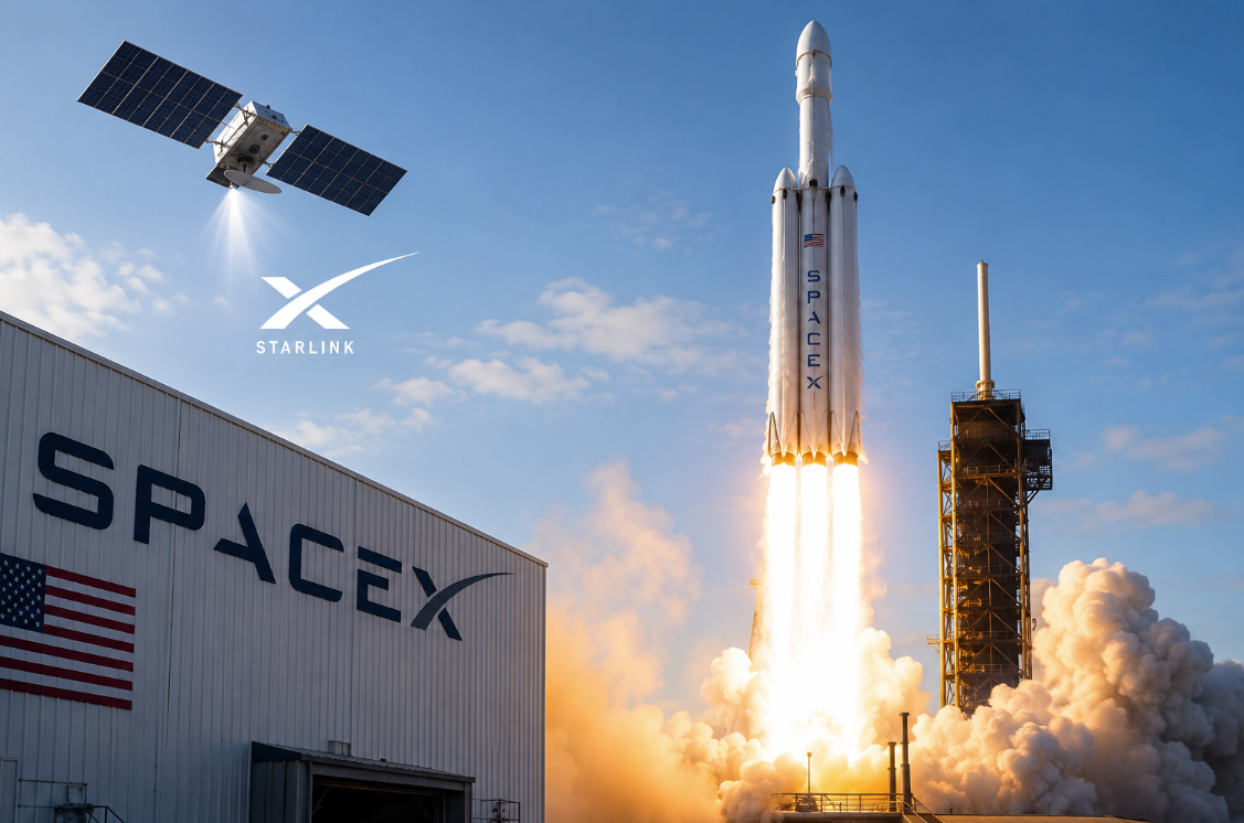 A SpaceX rocket launches into a clear blue sky while a Starlink satellite orbits above the space center. Symbolic image representing the SpaceX IPO 2026, satellite internet, artificial intelligence and the future of space exploration.