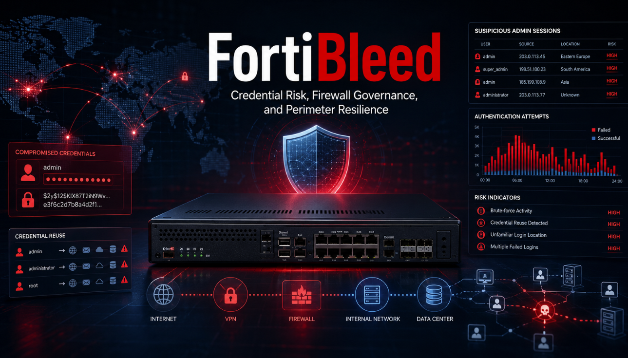 Cybersecurity infographic about FortiBleed showing a FortiGate firewall, compromised admin credentials, suspicious login sessions, brute-force activity, and firewall governance risks.