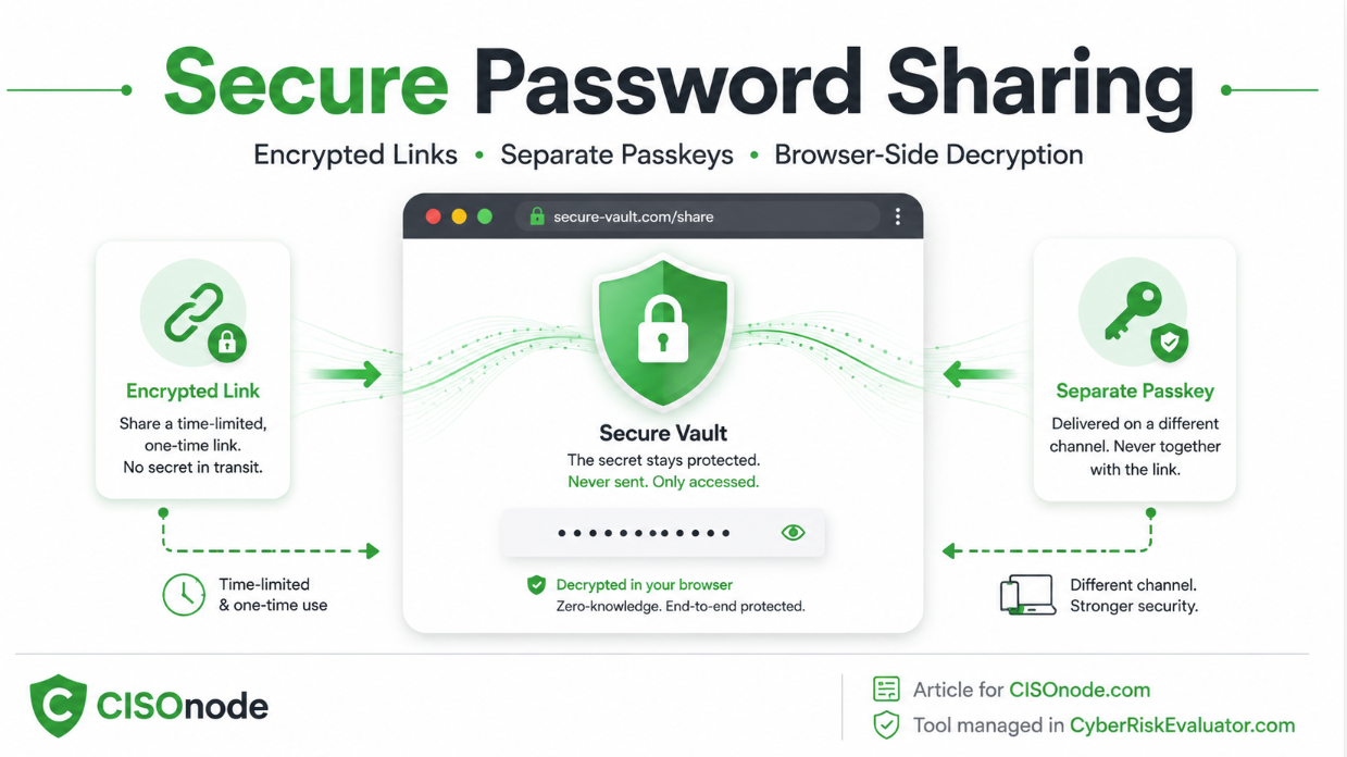 Secure password sharing with encrypted links, separate passkeys and browser-side decryption using the CyberRiskEvaluator secure sharing tool.
