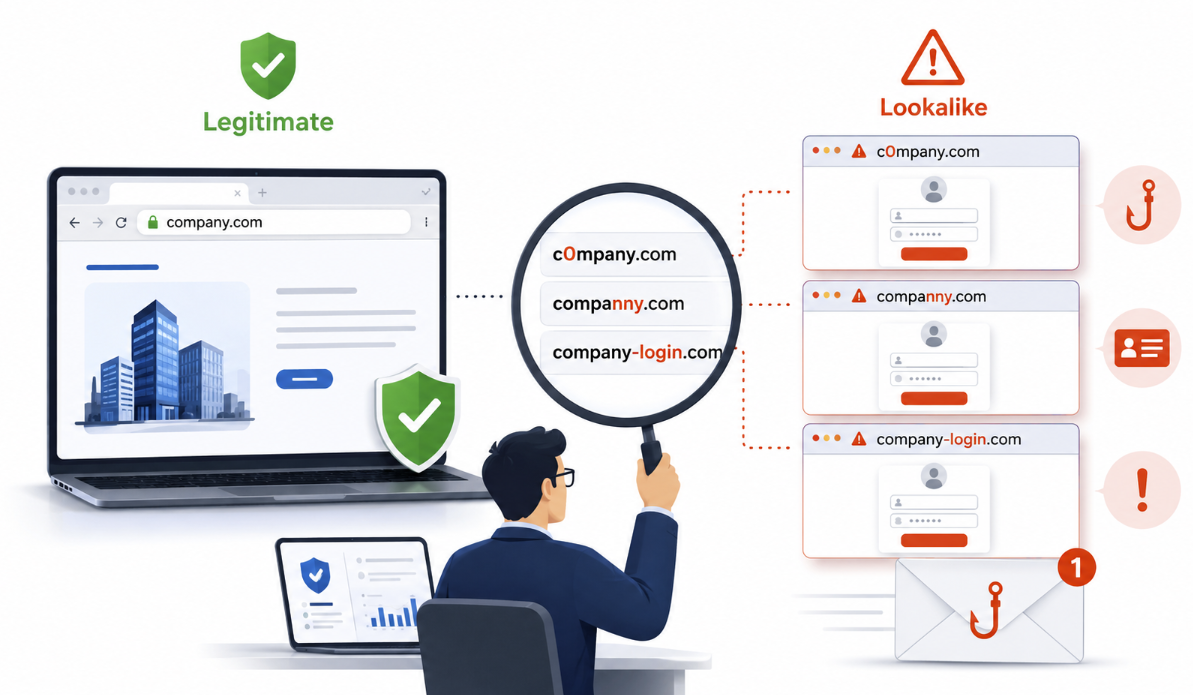 Illustration showing a legitimate website compared with typosquatting lookalike domains used for phishing, including fake login pages and suspicious email indicators.