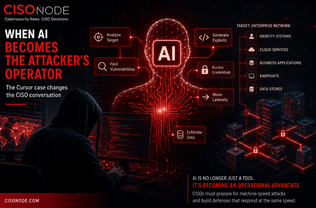 AI agent assisting a cyber attacker across interconnected enterprise systems, illustrating the emerging risk of AI-assisted cyberattacks.