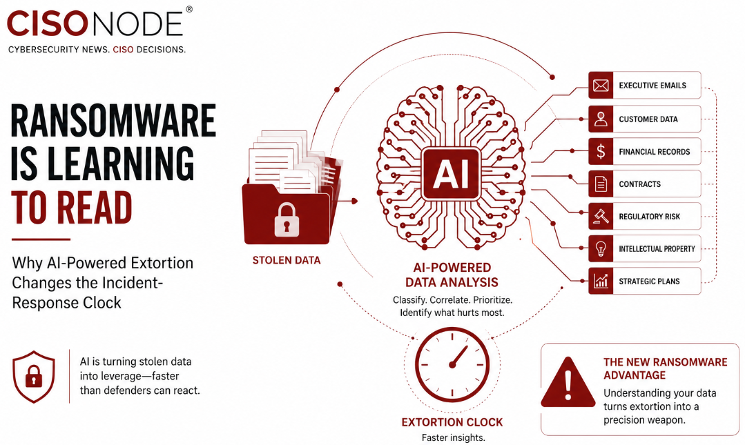 Artificial intelligence analyzing stolen enterprise data for a ransomware operation, illustrating AI-assisted data classification and accelerated cyber extortion.