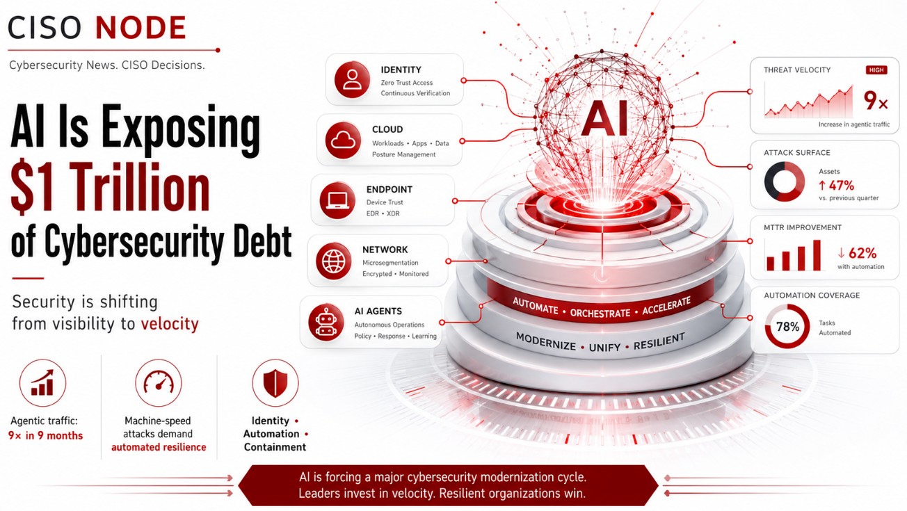 CISO Node illustration showing AI exposing $1 trillion in cybersecurity debt, with identity, cloud, endpoint, network and AI-agent controls connected to automated cyber resilience.