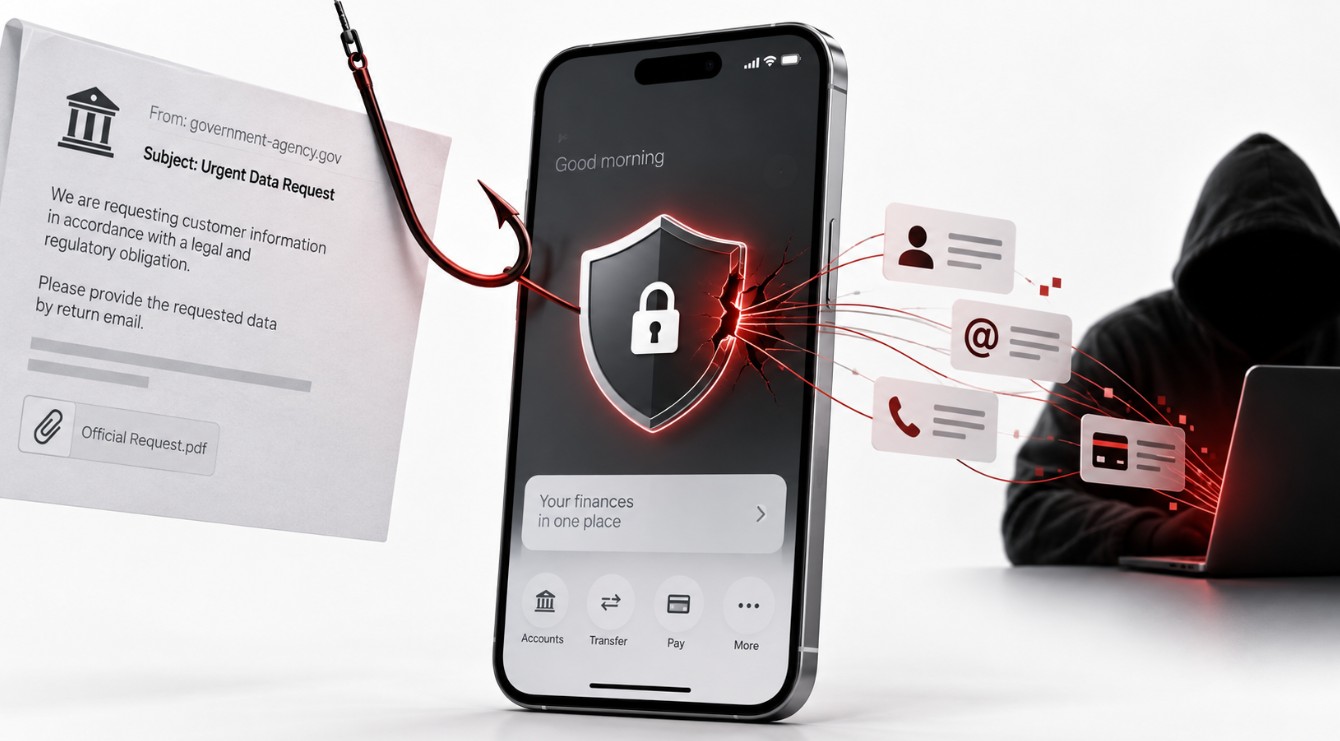 Cybersecurity illustration of a fraudulent government data request exploiting trust to access sensitive customer information from a financial platform.