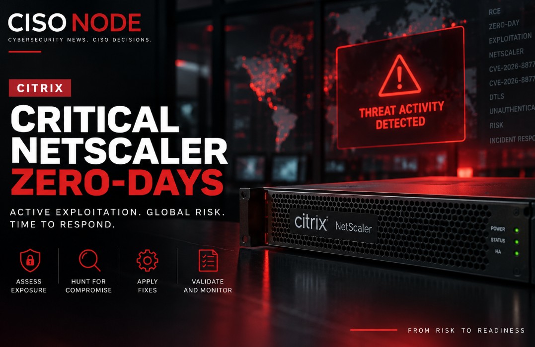 CISO Node cybersecurity illustration showing critical Citrix NetScaler zero-days under active exploitation, with a compromised edge gateway and recommended actions to assess exposure, hunt for compromise, patch, and monitor.
